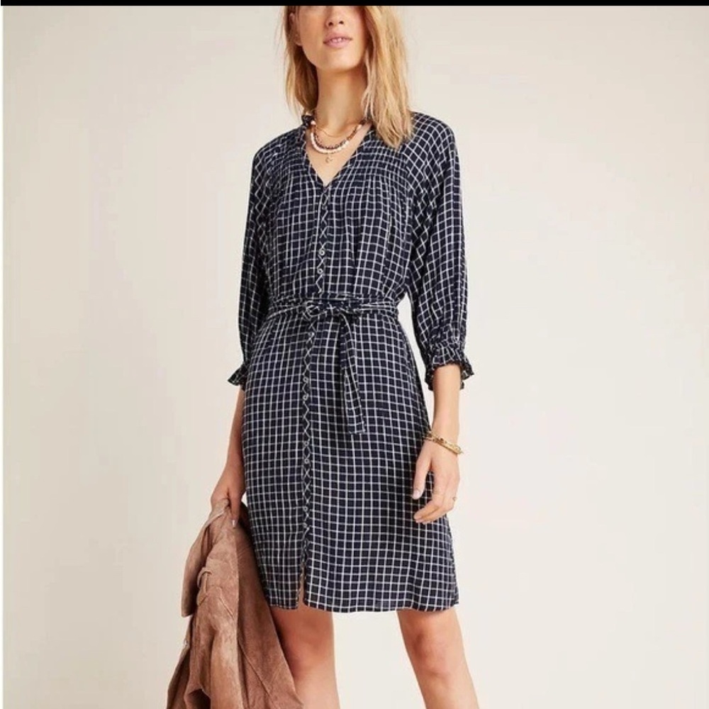 Anthropologie Maeve Sara Smocked Windowpane Plaid Tie-Waist Shirtdress M
